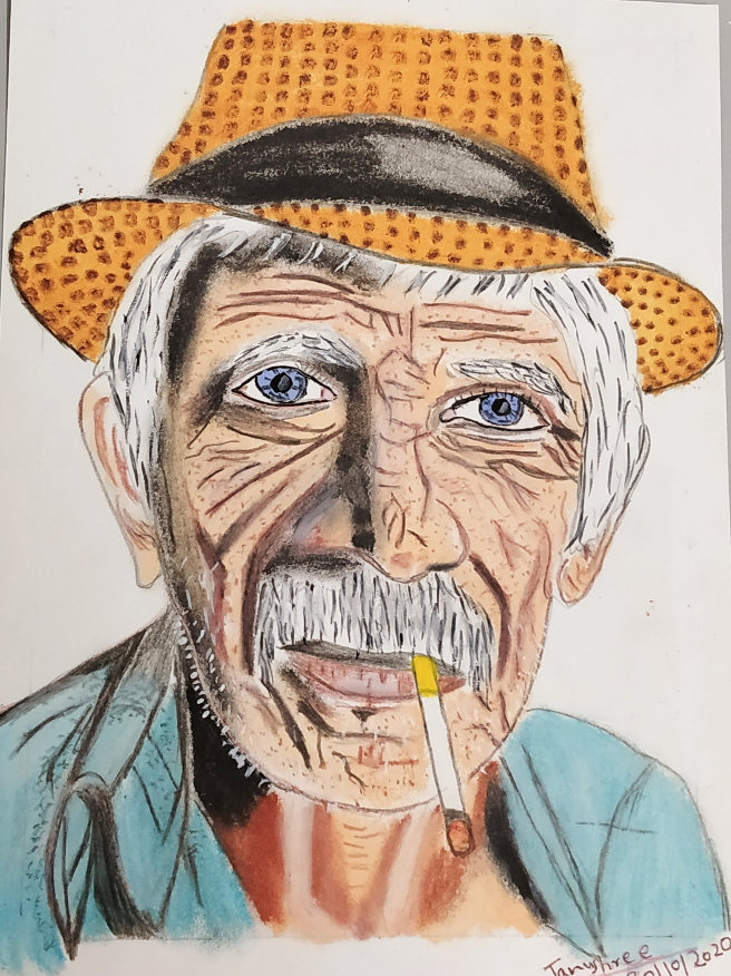 Paintings by Tanushree Bhattacharya - An Old Man Smoking a Cigarette