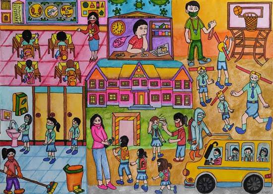 Paintings by Aron Raj - Back to school after Covid-19