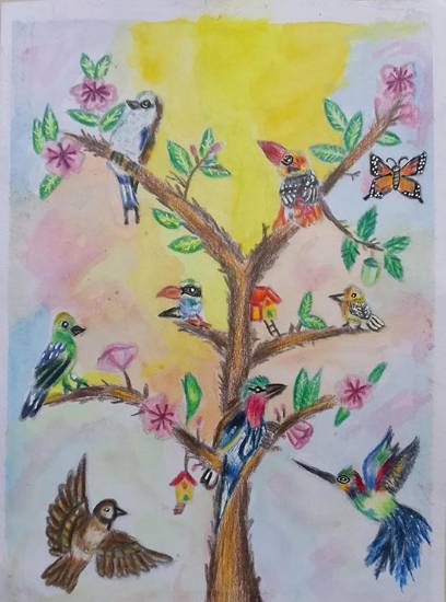 Painting by Aron Raj - Birds Wandering around