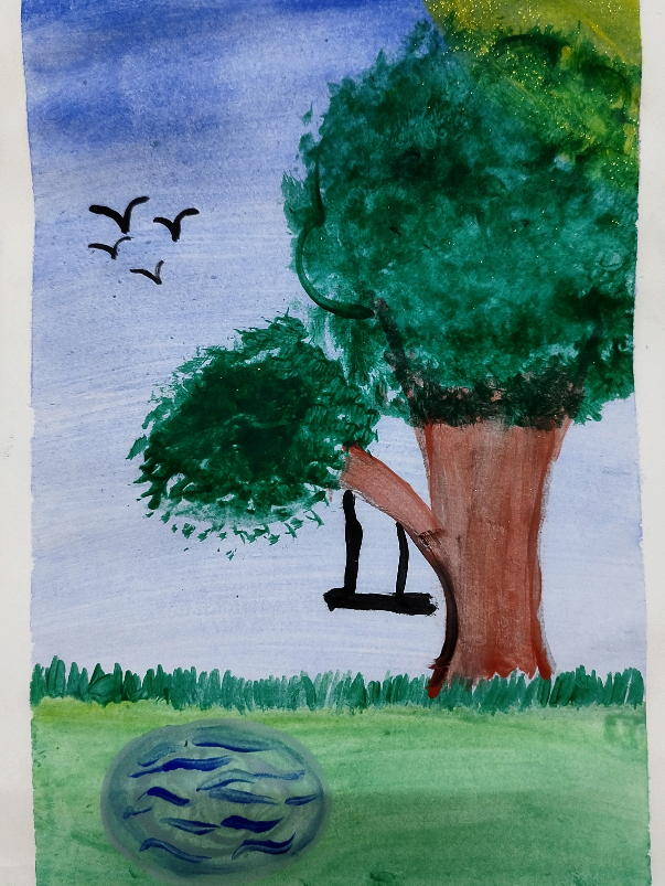 Painting by Aadhira MV - The tree and the swing