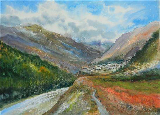 Painting by Chitra Vaidya - Into the Mountains - 2