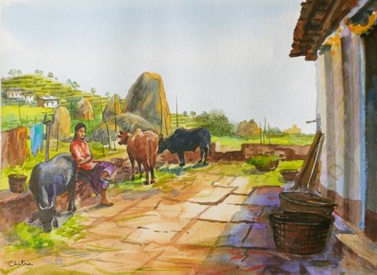 Painting by Chitra Vaidya - Rural Life in Kumaon - 3