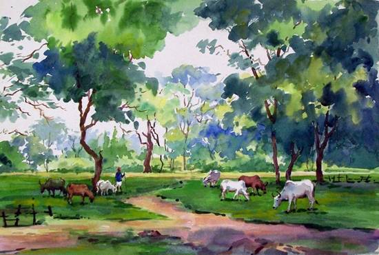 Painting by Chitra Vaidya - Grazing Cattle