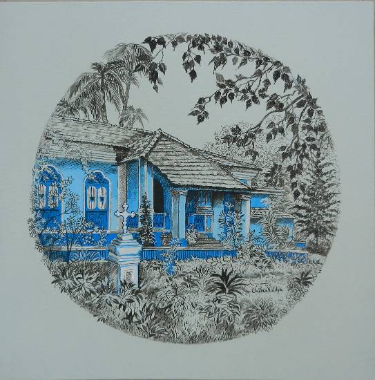 Painting by Chitra Vaidya - Blue House - 2