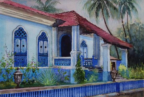 Painting by Chitra Vaidya - Blue House - 1