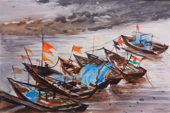 Paintings by Chitra Vaidya - Fishing Boats, Kokan - 1