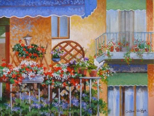 Painting by Chitra Vaidya - Floral Balcony