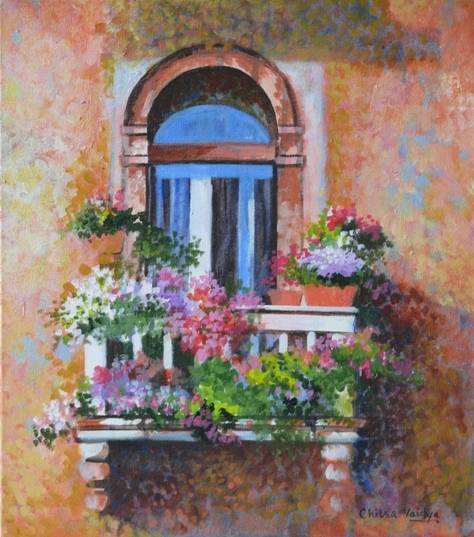 Painting by Chitra Vaidya - Floral Balcony