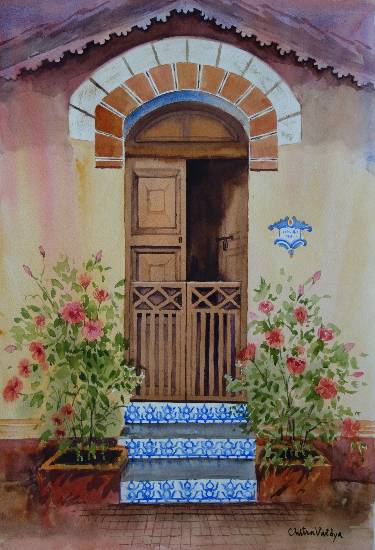 Paintings by Chitra Vaidya - Door with Blue Steps