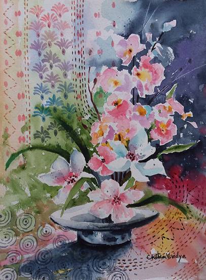 Painting by Chitra Vaidya - White Lily and Pink Flowers