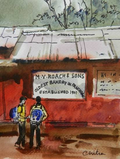 Painting by Chitra Vaidya - Children at the Bakery, Panchgani