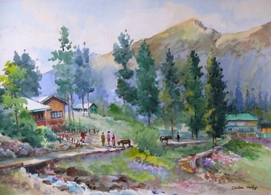 Painting by Chitra Vaidya - Kashmir Pahelgaum