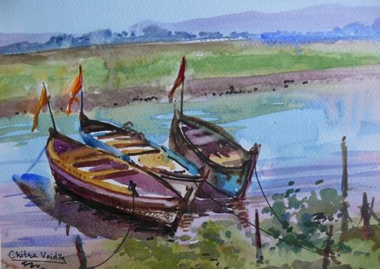 Painting by Chitra Vaidya - Boats at Bordi