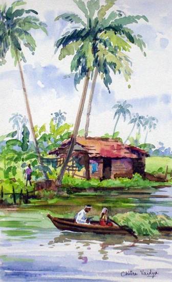 Painting by Chitra Vaidya - Life at Backwaters