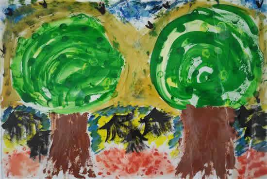 Paintings by V. Sai Vishva - Interior view of village amidst the trees