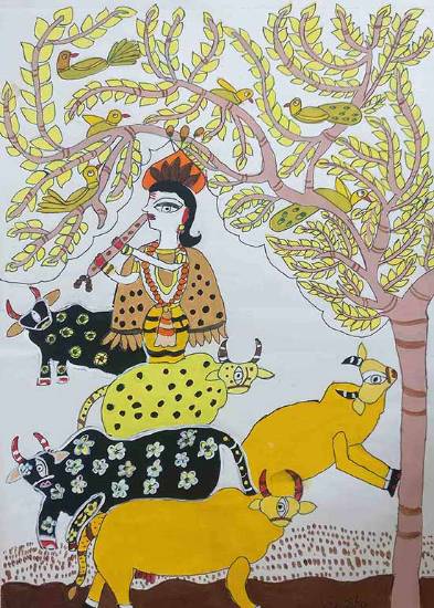 Painting by Vinisha Chaudhary - Madhubani art of Krishna