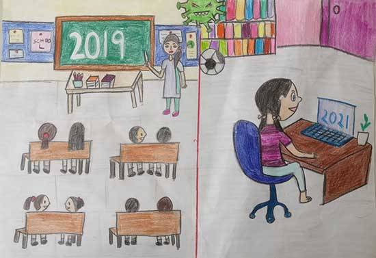 Painting by Sonika Korada - Before corona and After corona School