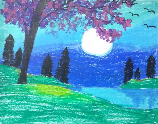 Painting by A Ajanya - Moonlight Scenery