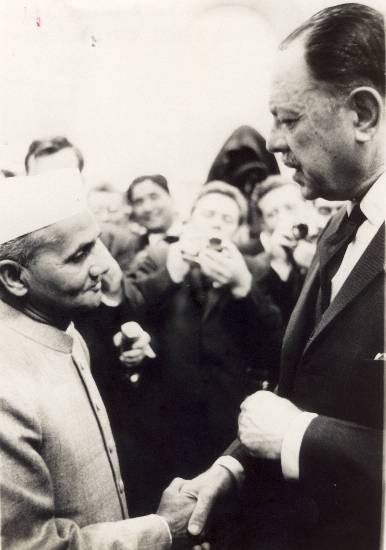Photograph by Prem Vaidya - Prime Minister Shastri with Pakistani President Ayub Khan at the Tashkent Peace Conference, January, 1966