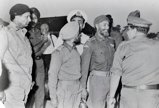 Photograph by Prem Vaidya - Gen Niazi, Shabeg Singh and Maj Gen Jacob with his back to the camera, 1971
