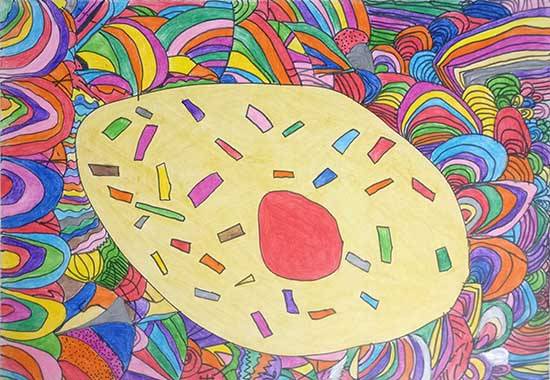 Paintings by Rachel Wahengbam - A Giant Donut on a Pattern Plate