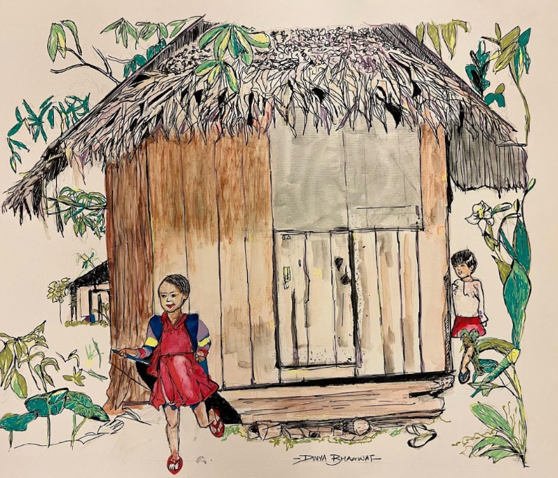 Painting by Divya Bhagwat - Two Kids and a Hut at Mwallynong