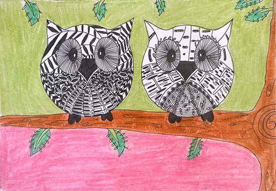 Paintings by Sadhan Sridhar - Owls on tree