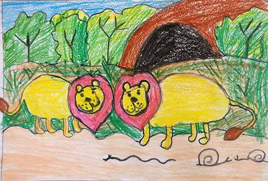 Painting by NEEHARIKA NAIR - Two lions chilling in front of their Den