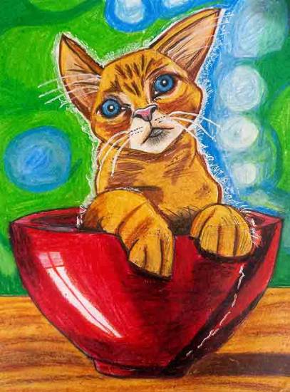 Painting by Debankur Gantait - Cute Kitten in a bowl