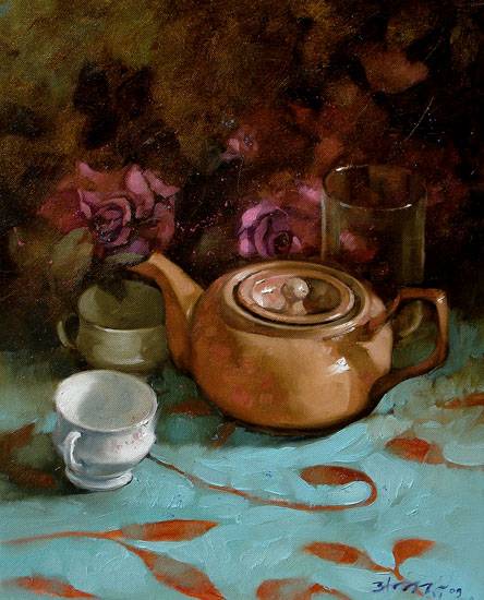 Painting by Anwar Husain - Tea cups and kettle