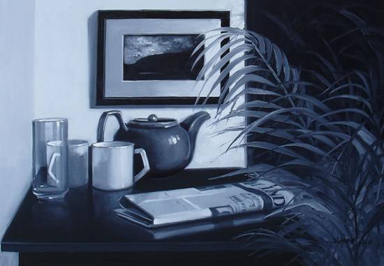 Painting by Anwar Husain - Waiting for tea and newspaper
