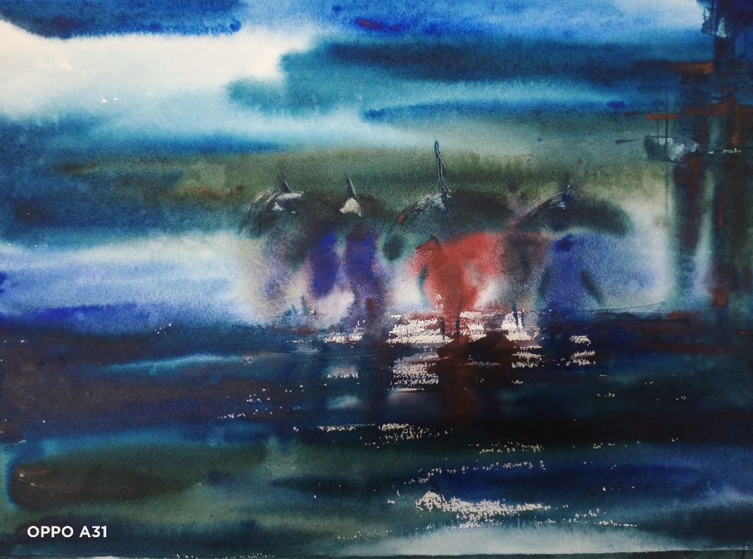Painting by Sudipto Chakraborty - Walking in the  Rain