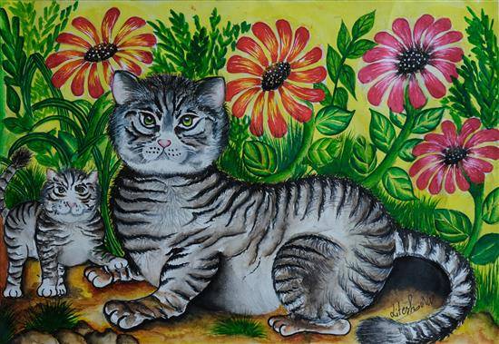 Painting by Litesh Gowda VV - The Cat and the Kitten