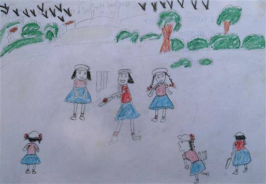 Painting by Aarti Pendam - Girls playing Cricket