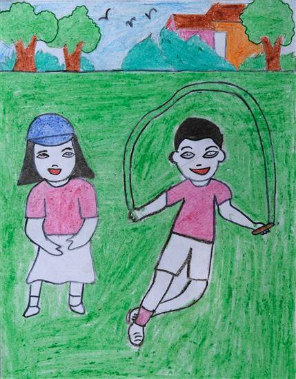 Painting by Nandini Gedam - My favorite game - Skipping