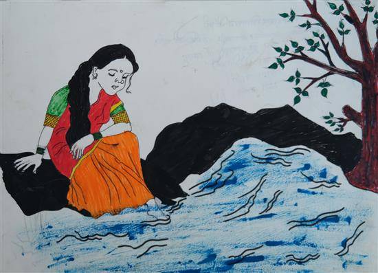 Painting by Aruna Chaudhari - Sitting on riverside