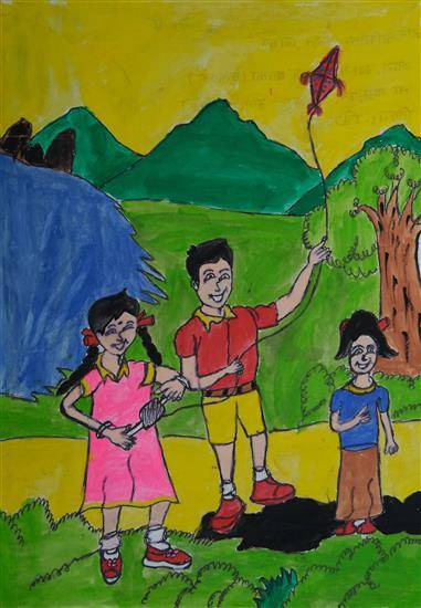Painting by Avinash Jadhav - Children flying kite