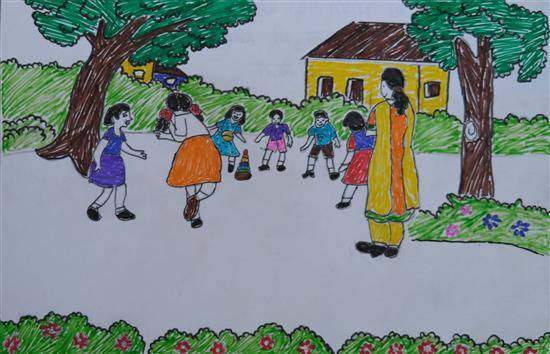 Painting by Jyoti Patil - My favorite game - Seven stones