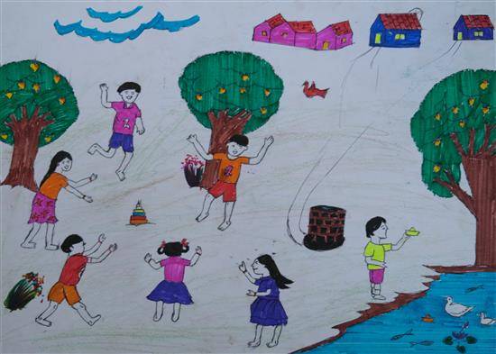 Painting by Lokesh Karela - Children playing Seven stone