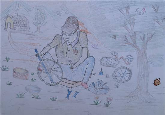 Painting by Vishwas Chinda - A bicycle repairer