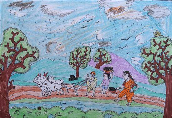 Painting by Sujita Mali - Plowing the field