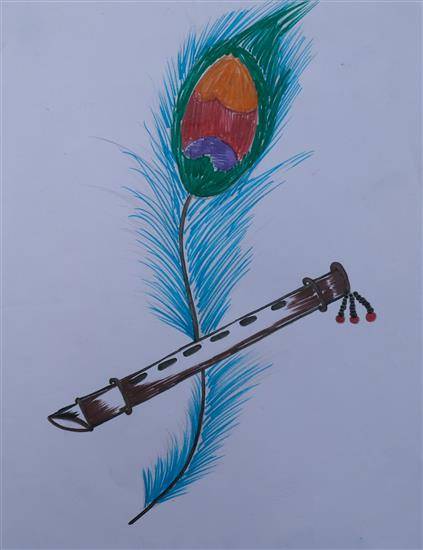 Painting by Ashru Khilare - Peacock feather and Bansuri