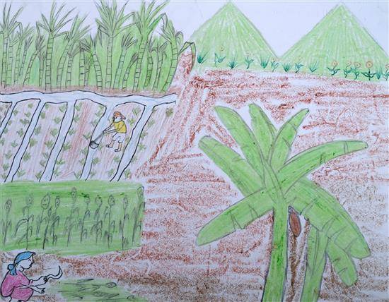 Painting by Anusaya Vakode - Farmers working in farm
