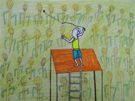 Painting by Manisha Dake - Protecting farm from birds