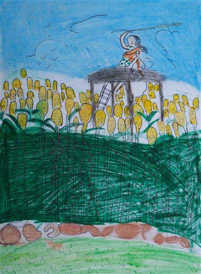 Painting by Sapana Metkar - Farm protection by Girl