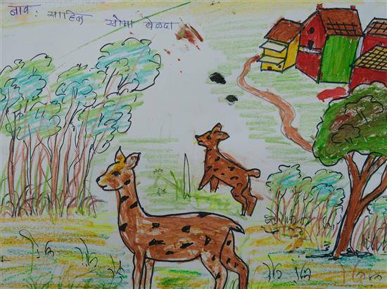 Painting by Sahil Velada - Deer's at village