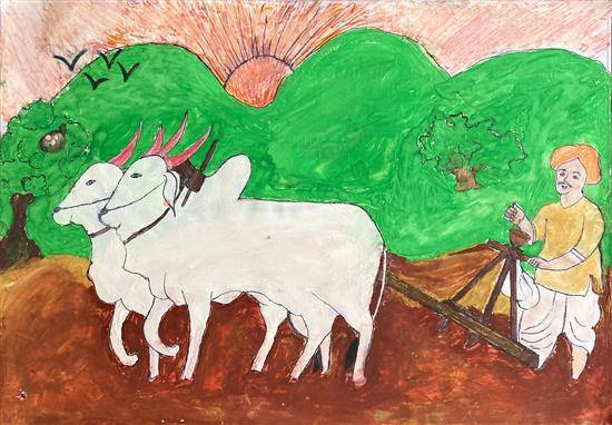 Painting by Archana Gavit - Farmer working in farm