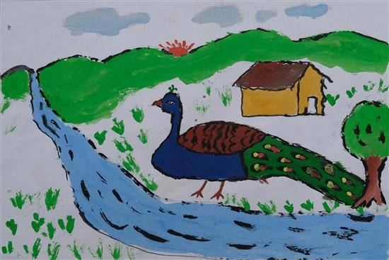 Painting by Jhanaklal Jawarkar - Peacock near to the Home