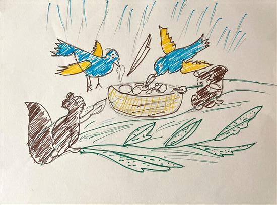 Painting by Archana Bhil - Friends enjoying feast