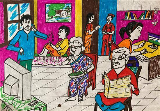 Painting by Tejal Chaure - Our busy family